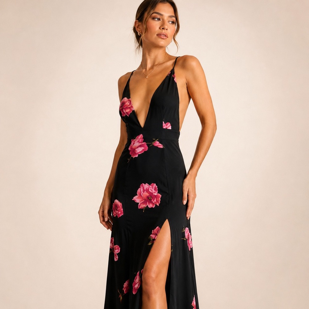 Reformation Black Floral Maxi Dress Open Back Slit Formal Evening Size S NWT - Picture 1 of 15